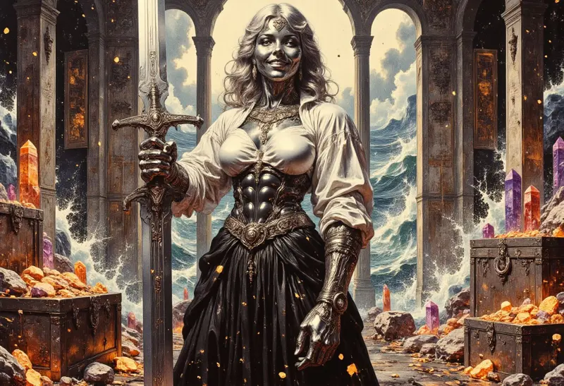 Realistic oil painting of a strong MetalFairy woman,l with metallic chrome skin, She's wearing a black corset with a flowing white blouse over it, a black leather pleated skirt and black leather boots. The womans strong muscular frame grips a huge sword with one hand it's jagged blade glowing faintly with runic etchings. Her expression is that of amusement, her lips curved up in a smirk.  Adorning her incredible muscular breasts are an arrangement of necklaces with ancient symbols. She stands in large room filled with treasure chests filled with gold and massive multicolored crystals, the windows in the room look down towards a raging sea. Her metallic skin sparkles with crystalline dust, and sweat trickles between her large breasts and huge muscles.