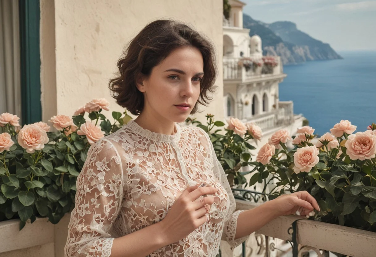 cinematic photo iphone photograph, whole body, woman wearing a transparent shirt on a balcony with flowers in Amalfi coast, high detail, natural lighting, skin texture face, low saturation, low contrast, amateur picture, skin detail, detailed skin pores, sharpen face, hard focus, ambient light, intricate detail, analog-style aesthetic, retro, scanlines, video noise, vignette effect, color bleeding, chromatic aberration, low-resolution, retro color palette
