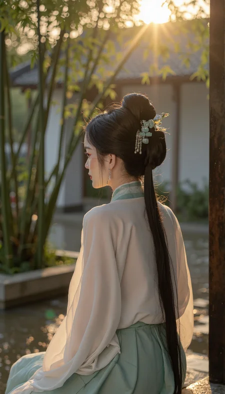 The young woman is now captured with a soft focus lens, giving the photograph an ethereal and romantic feel. She is zoomed out slightly, allowing more of her surroundings to be visible. Her hair is styled in an intricate bun, adorned with jade hairpins and pearl earrings that complement her traditional Chinese attire. The sun is setting, casting a warm golden hue over the scene, highlighting the peaceful atmosphere. She is seated in a tranquil courtyard surrounded by bamboo and plum blossom trees, with a subtle drizzle adding to the serene ambiance. This high-quality photograph captures the essence of the original composition while incorporating East Asian elements, reminiscent of artists like Vermeer or Renoir in its attention to textural details and light play, creating a masterful blend of realism and cultural narrative.. qingyi<lora:flux\ã麦æ©éè¡£ãMajicflus.safetensors:0.7000000000000001:0.7000000000000001> <lora:flux\majicbeauty1.safetensors:1.0:1.0>