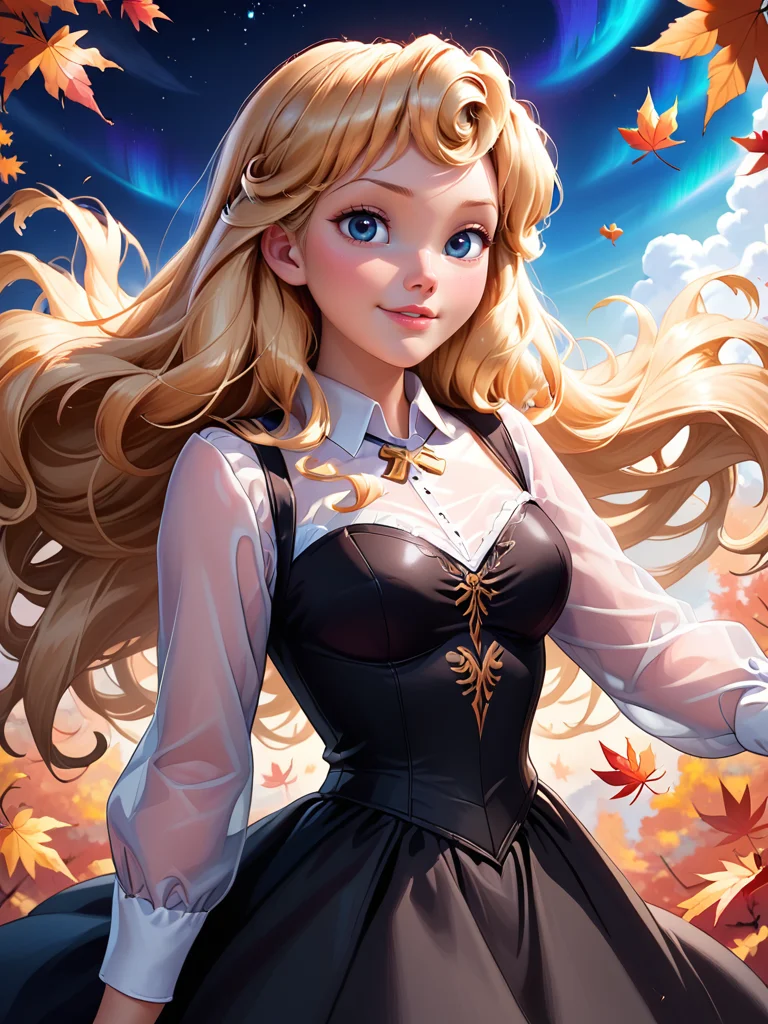 score_9, score_8_up, score_7_up, black outfit, aurora, A woman with long, flowing blonde hair, wearing a white blouse with a black corset and a black skirt, surrounded by falling autumn leaves, 1girl, solo, long hair, looking at viewer, blush, smile, blue eyes, long sleeves, closed mouth, upper body, outdoors, parted lips, collared shirt, day, see-through, black dress, leaf, star \sky\, night, floating hair,
<lora:princess_rc_pony_v2:0.8>