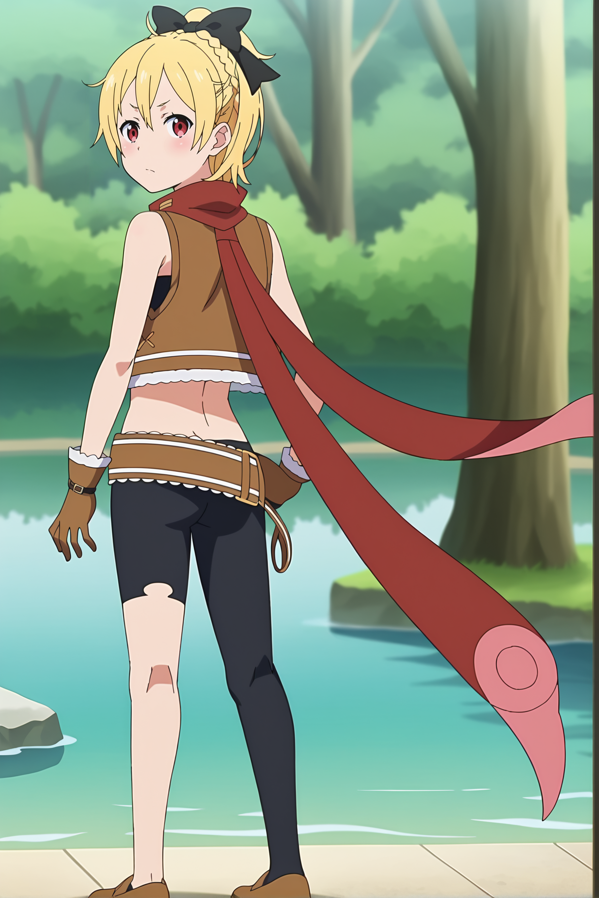 anime screencap, anime coloring,source_anime,,BREAK
 <lora:FeltXL-000020:1>,
red eyes,hair between eyes,blonde hair, 1girl,solo, hair bow, short hair, crown braid, flat chest,,brown vest, bandeau, brown gloves, midriff,  black pants, (asymmetrical legwear:1.1), (single pantsleg:1.1), (red scarf:0.8), brown belt,
,standing,full body, brown footwear, looking at viewer, from behind, looking back, 
outdoors, forest,
