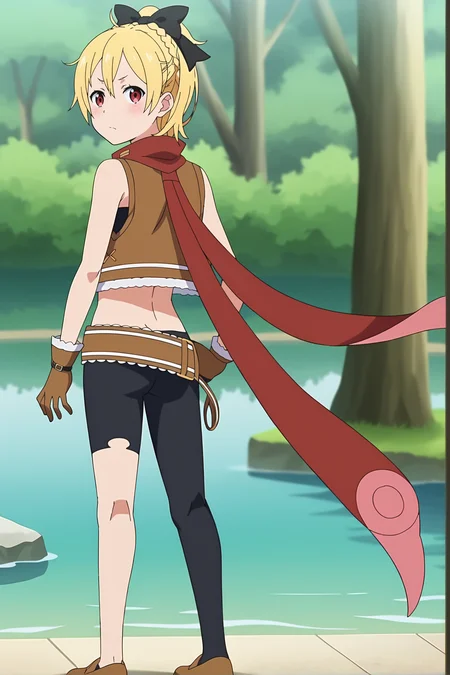 anime screencap, anime coloring,source_anime,,BREAK
 <lora:FeltXL-000020:1>,
red eyes,hair between eyes,blonde hair, 1girl,solo, hair bow, short hair, crown braid, flat chest,,brown vest, bandeau, brown gloves, midriff,  black pants, (asymmetrical legwear:1.1), (single pantsleg:1.1), (red scarf:0.8), brown belt,
,standing,full body, brown footwear, looking at viewer, from behind, looking back, 
outdoors, forest,
