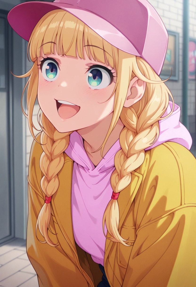 masterpiece,best quality,amazing quality, tsukimi eiko, long hair, blonde hair, blue eyes, 1girl, hat, solo, braid, smile, twin braids, jacket, hood, open mouth, hoodie, baseball cap, pink headwear, :d, blunt bangs