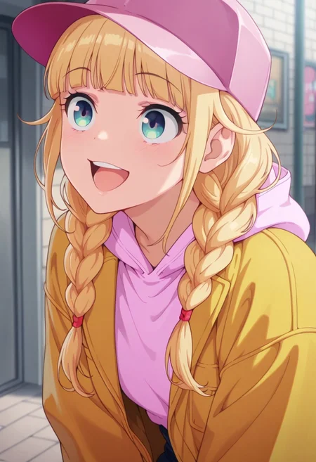 masterpiece,best quality,amazing quality, tsukimi eiko, long hair, blonde hair, blue eyes, 1girl, hat, solo, braid, smile, twin braids, jacket, hood, open mouth, hoodie, baseball cap, pink headwear, :d, blunt bangs