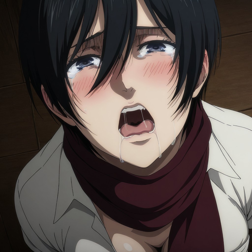 masterpiece,best quality,ultra-detailed face,(mikasa_ackerman),(1girl),female focus,red scarf,white collared shirt,BREAK
 (face focus), (wide shot), detailed eyes,(cry out:1.3) cowboy shot,nipple slip,
(tears),((saliva:1.4)),((from above)),
(big breast),blushing