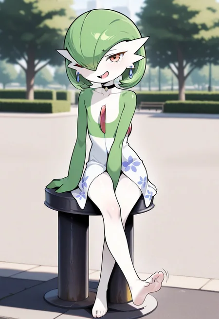 masterpiece,best quality,amazing quality,very aesthetic,high resolution,ultra-detailed,absurdres,newest,
Gwendolyn_Tennyson as (((gardevoir))), female, Anthro, ((pale white skin)),one eye closed, solo, floral dress, collarbone, looking at viewer, gentle smile, standing, depth of field, open mouth, jewelry, earrings, choker , full body, feet, dutch angel, outside, public park, sunny,1girl, motion lines,
<lora:GwenTen-Illus-13:1>, tanlines, soles, sitting on bollard, presenting feet,