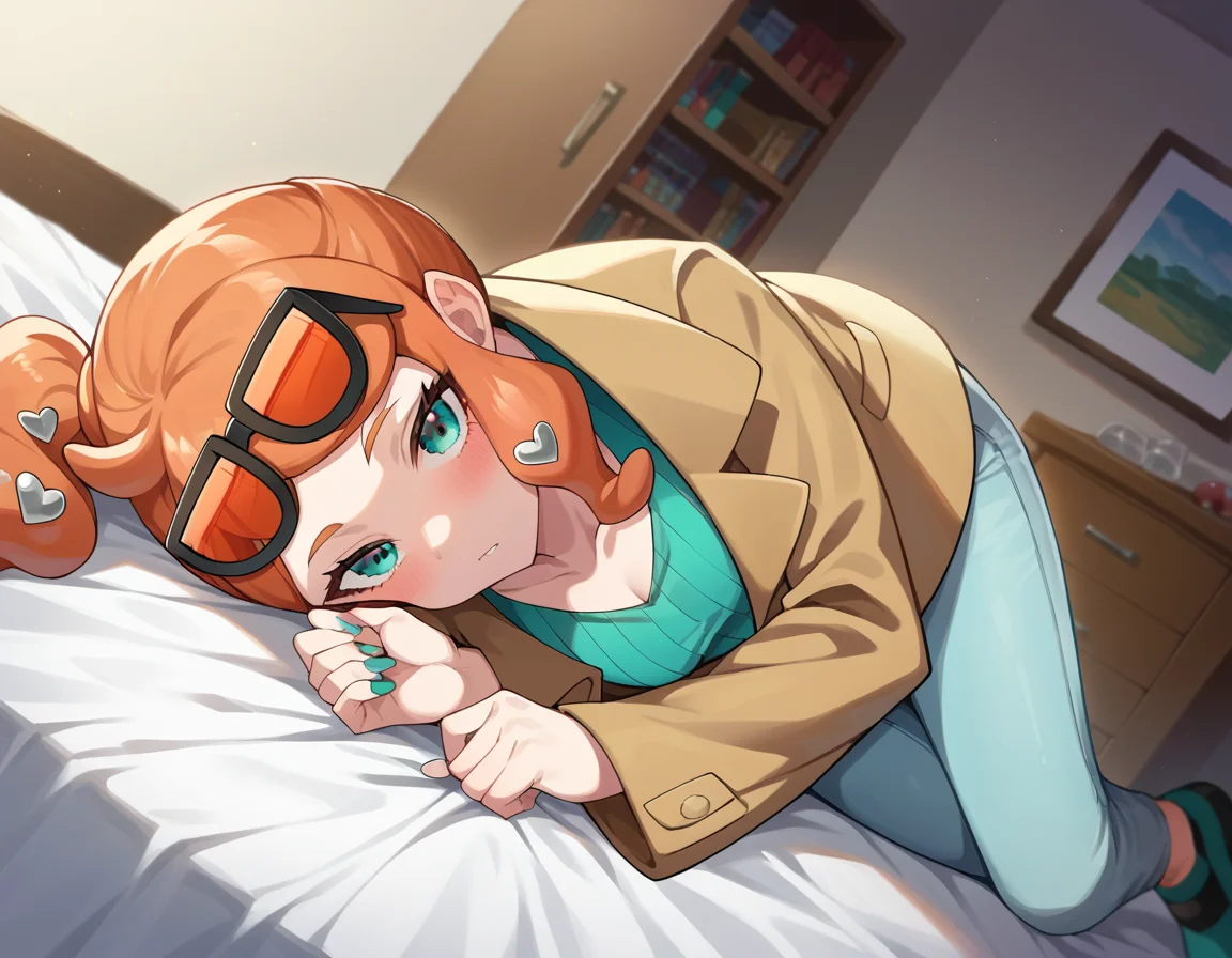 score_9, score_8_up, score_7_up, source_anime,
pokemonsonia, <lora:pokemon-sonia-ponyxl-lora-nochekaiser:1>
pokemonsonia, aqua eyes, heart, heart hair ornament, long hair, long sleeves, orange hair, side ponytail, swept bangs,
aqua footwear, aqua nails, aqua shirt, brown coat, brown jacket, coat, collarbone, eyewear on head, jacket, long sleeves, orange-tinted eyewear, pants, ribbed shirt, shirt, sunglasses, tinted eyewear,
indoors, bed, bed room, on side, blush, drunk,
looking at viewer, cowboy shot, dutch angle,