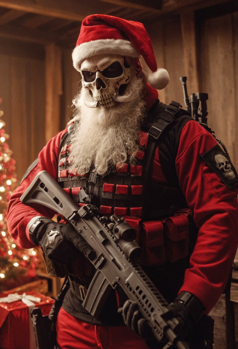 cinematic still D34THSQU4D, santa wearing red tactical gear, skull mask, armor, holding detailed weapon, christmas, action, white long beard, at santa factory . emotional, harmonious, vignette, 4k epic detailed, shot on kodak, 35mm photo, sharp focus, high budget, cinemascope, moody, epic, gorgeous, film grain, grainy, D34THSQU4D, santa wearing red tactical gear, skull mask, armor, holding detailed weapon, christmas, action, white long beard, at santa factory, cinematic, sharp focus, highly coherent, dramatic light, cozy atmosphere, vivid color, intricate, elegant, complex, beautiful, extremely aesthetic, enhanced quality, colorful, very inspirational, decorated