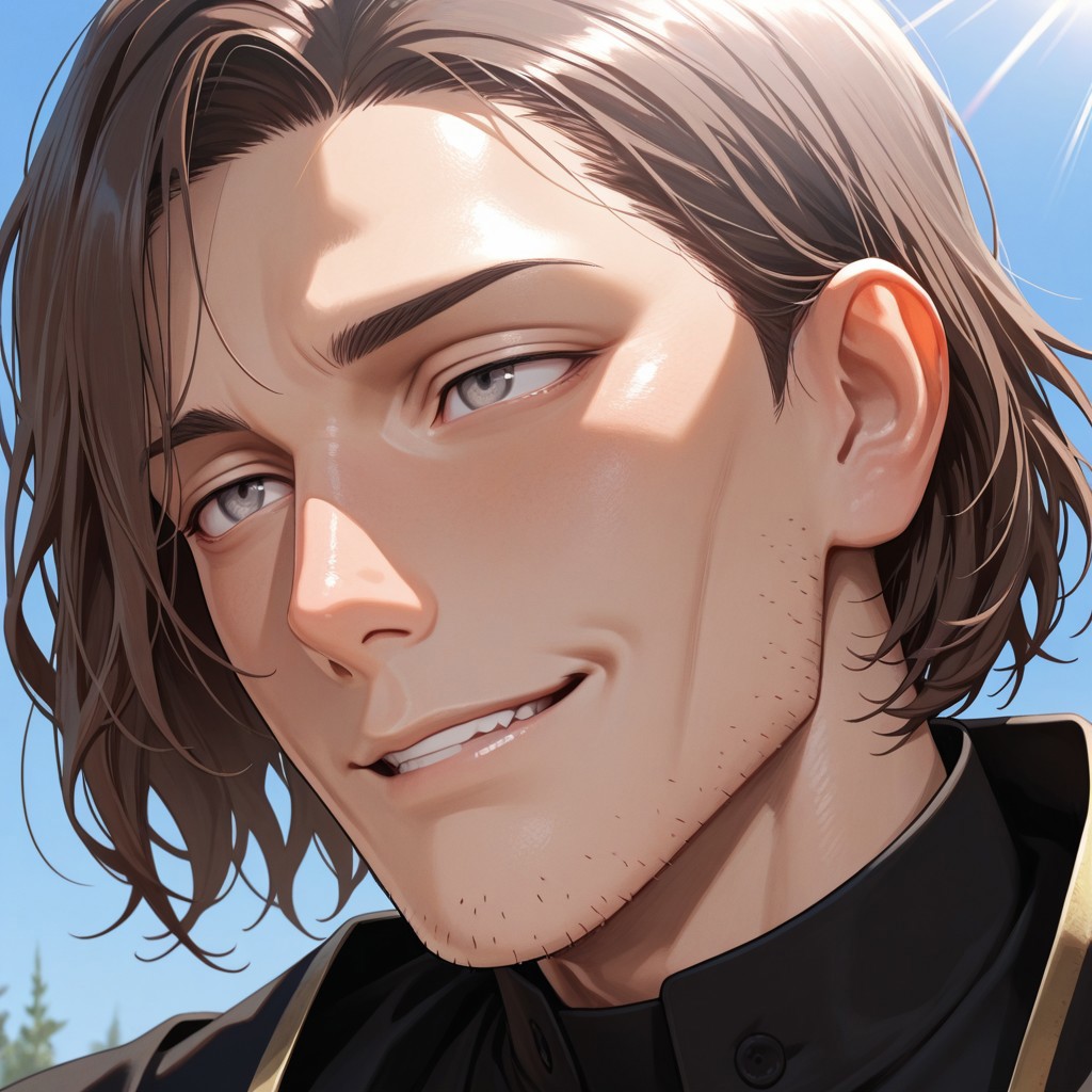 masterpiece, best quality, amazing quality, absurdres, newest, detailed background, definition so sharp, Ultra-HD, 8K cinematic, very awa, impressionate, amazing quality, highres, 
solo, male focus, manly, day, sunbeam, blue sky,
tenkeiiwafune, iwa_brunette, iwa_grey eyes,
1boy, short hair, cheekbones, stubble, priest, black capelet, black robe, close-up,
happy expression, giggling