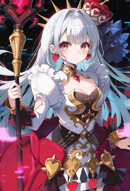 (score_9:0.9),score_8_up,score_7_up,rating_safe,anime style,(zPDXL),(zPDXL3),<lora:MALICE Queen Hearts of Crypter ponyXL v1:0.76>,mâlice queen hearts of crypter,1girl,solo,heart earrings,looking at viewer,closed mouth,red crown,blush,multicolored dress,cleavage,medium breasts,staff,holding staff,small breasts,(glitch),heart halo