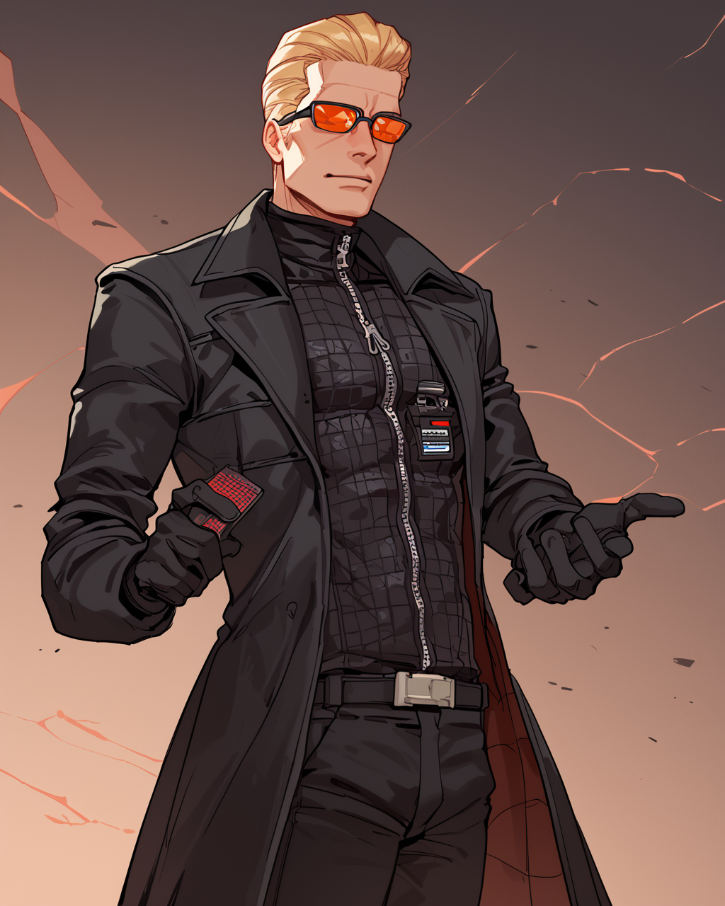 score_9, score_8_up, score_7_up, score_6_up, source_anime, rating_explicit, ah1, best quality, (masterpiece:1.4), (high quality:1.4), sharp focus, 4k, absurd resolution, <lora:albertwesker-guy-PONYv1:1> albertwesker, albert wesker, 1boy, solo, blonde, black gloves, sunglasses, belt, pants, long coat, trench coat, black coat, black pants, highly detailed, highres, extremely detailed, looking at viewer, toned, athletic, fit, slicked back hair, black turtleneck, zipper, mature male, (graphene textured clothes:1.7), (Concealed in a dark crypt, surrounded by sinister relics:1.5), (in solitary confinement cell, with padded walls, a small hatch for food delivery, a narrow cot bolted to the floor), (Ground level view medium Close shot (focus on chest)),
