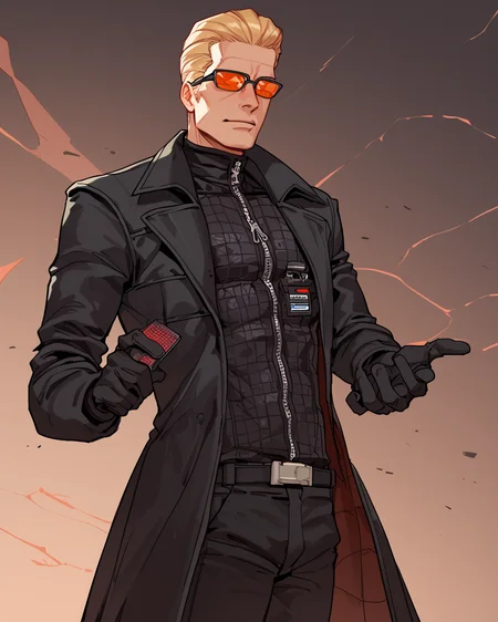 score_9, score_8_up, score_7_up, score_6_up, source_anime, rating_explicit, ah1, best quality, (masterpiece:1.4), (high quality:1.4), sharp focus, 4k, absurd resolution, <lora:albertwesker-guy-PONYv1:1> albertwesker, albert wesker, 1boy, solo, blonde, black gloves, sunglasses, belt, pants, long coat, trench coat, black coat, black pants, highly detailed, highres, extremely detailed, looking at viewer, toned, athletic, fit, slicked back hair, black turtleneck, zipper, mature male, (graphene textured clothes:1.7), (Concealed in a dark crypt, surrounded by sinister relics:1.5), (in solitary confinement cell, with padded walls, a small hatch for food delivery, a narrow cot bolted to the floor), (Ground level view medium Close shot (focus on chest)),