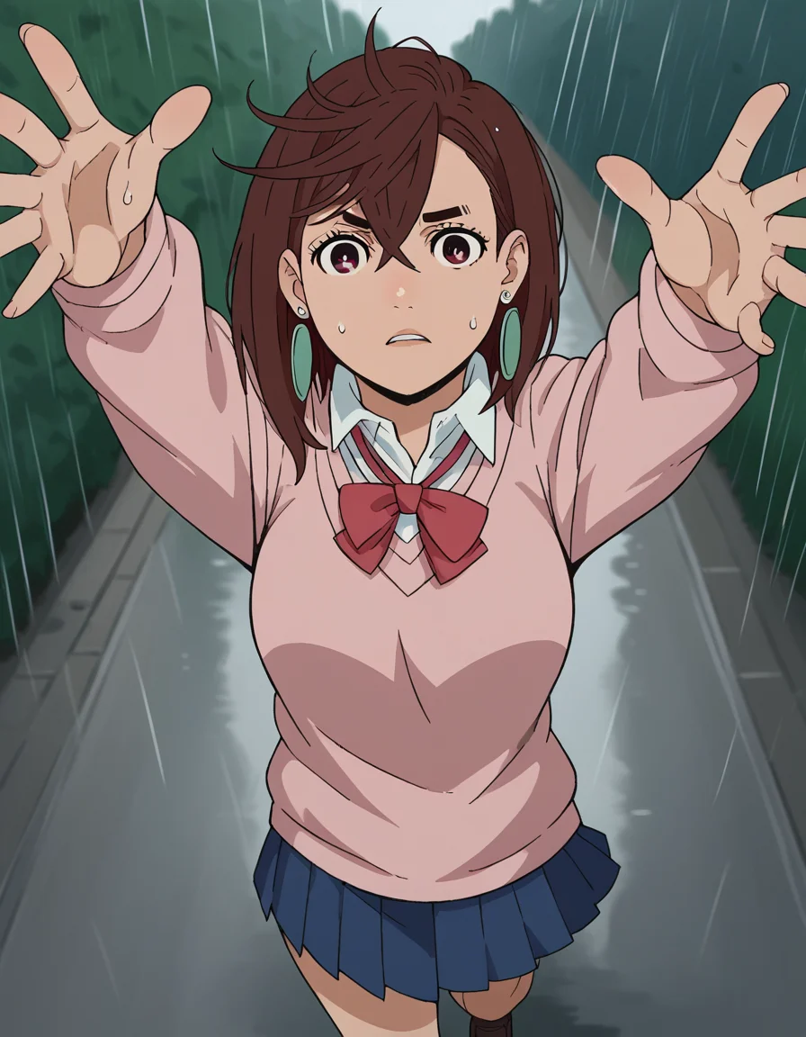 score_9, score_8_up, score_7_up, source_anime, <lora:momo-ayase-alpha-s1-ponyxl-lora-nochekaiser:1>, momo ayase, short hair, brown hair, brown eyes, bangs, thick eyebrows, medium breasts, skirt, school uniform, pleated skirt, shoes, socks, loafers, sweater vest, pink sweater, shirt, white shirt, collared shirt, earrings, green earrings,, rainy day, umbrella, walking home, puddles, wet hair, , looking at viewer, on back, arm support, arms up, incoming hug, pov, reaching, reaching towards viewer,, solo,, cowboy shot, dutch angle