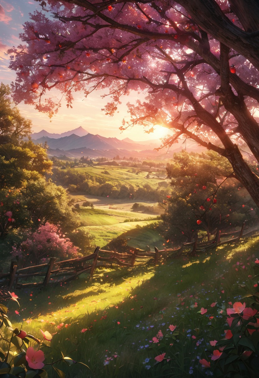(best quality, 8k, high res, masterpiece:1.2), photorealistic, ultra-detailed, vibrant photography of a picturesque apple orchard at sunset. The trees are heavy with ripe, glistening apples in shades of red, green, and gold, their leaves a vibrant, healthy green. Sunlight filters through the branches, casting a warm, golden glow over the entire scene. Delicate apple blossoms still cling to some branches, adding a touch of soft pink and white to the landscape. The ground is covered with a lush carpet of grass and wildflowers, with fallen apples scattered about. A rustic wooden fence borders the orchard, and in the background, rolling hills and distant mountains are bathed in the warm, fading light of the setting sun. A gentle breeze rustles the leaves and carries the sweet scent of apples through the air. This idyllic scene captures the serene beauty and abundance of nature in exquisite detail. (dynamic angle, cinematic lighting, ethereal atmosphere:1.1), (extremely detailed:1.2), (vivid colors:1.3), (perfect composition:1.2), (sharp focus, stunning realism:1.2)