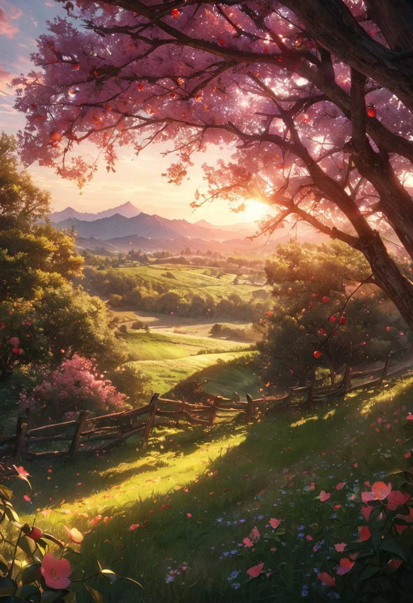 (best quality, 8k, high res, masterpiece:1.2), photorealistic, ultra-detailed, vibrant photography of a picturesque apple orchard at sunset. The trees are heavy with ripe, glistening apples in shades of red, green, and gold, their leaves a vibrant, healthy green. Sunlight filters through the branches, casting a warm, golden glow over the entire scene. Delicate apple blossoms still cling to some branches, adding a touch of soft pink and white to the landscape. The ground is covered with a lush carpet of grass and wildflowers, with fallen apples scattered about. A rustic wooden fence borders the orchard, and in the background, rolling hills and distant mountains are bathed in the warm, fading light of the setting sun. A gentle breeze rustles the leaves and carries the sweet scent of apples through the air. This idyllic scene captures the serene beauty and abundance of nature in exquisite detail. (dynamic angle, cinematic lighting, ethereal atmosphere:1.1), (extremely detailed:1.2), (vivid colors:1.3), (perfect composition:1.2), (sharp focus, stunning realism:1.2)