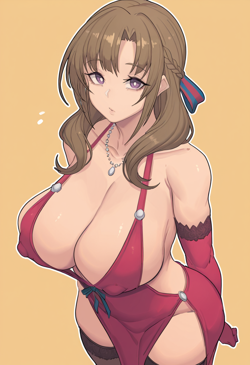 masterpiece, best quality, 
 <lora:metal_owl:1> m3t4l0wl3,
1girl, solo,
From behind,
looking at viewer, 
oosuki mamako,  , large breasts,
cocktail dress, revealing clothes, cleavage, collarbone, necklace, elbow gloves, thighhighs, covered nipples,, 
simple background, Lemon Yellow  background, outline,