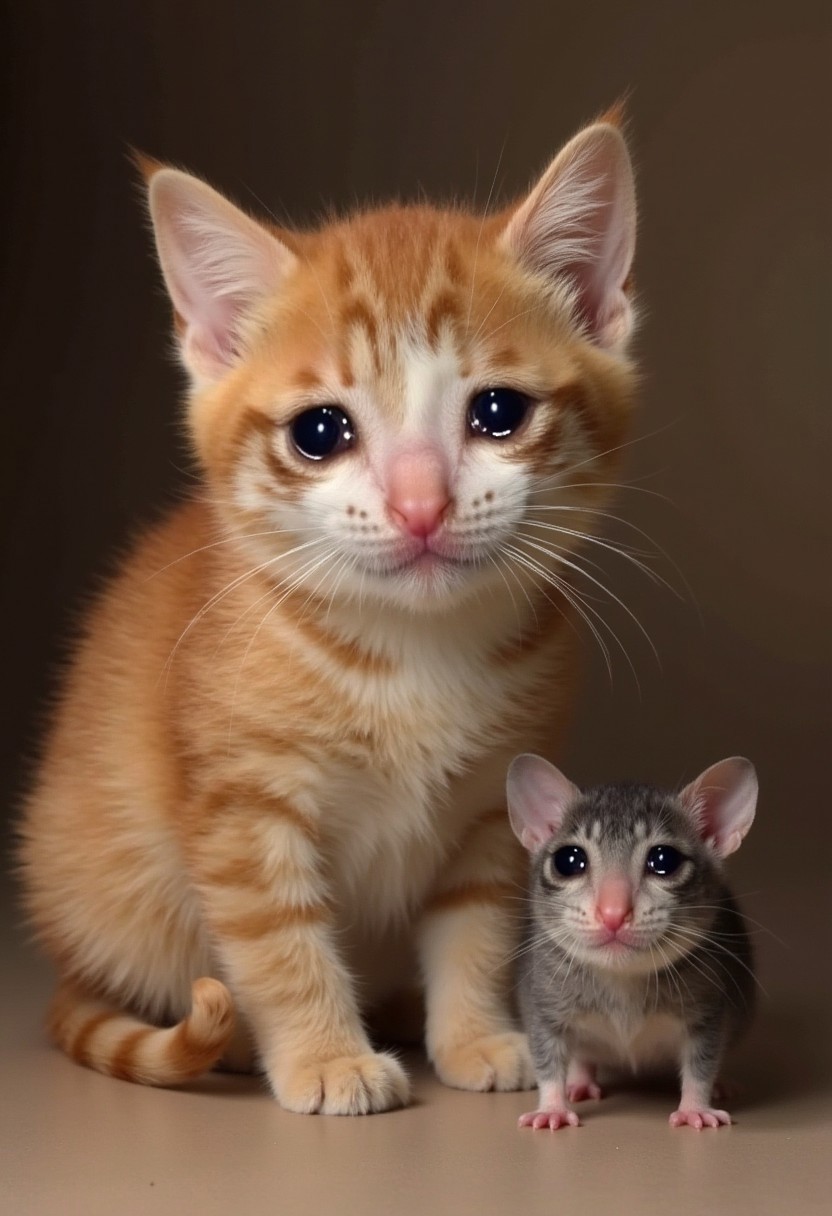 realistic photo of crying cat and crying mouse posing together