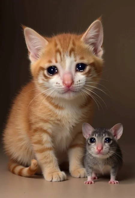 realistic photo of crying cat and crying mouse posing together
