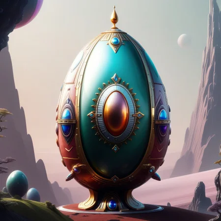 A very futuristic egg-shaped spaceship decorated like a faberge egg, on a lush planet