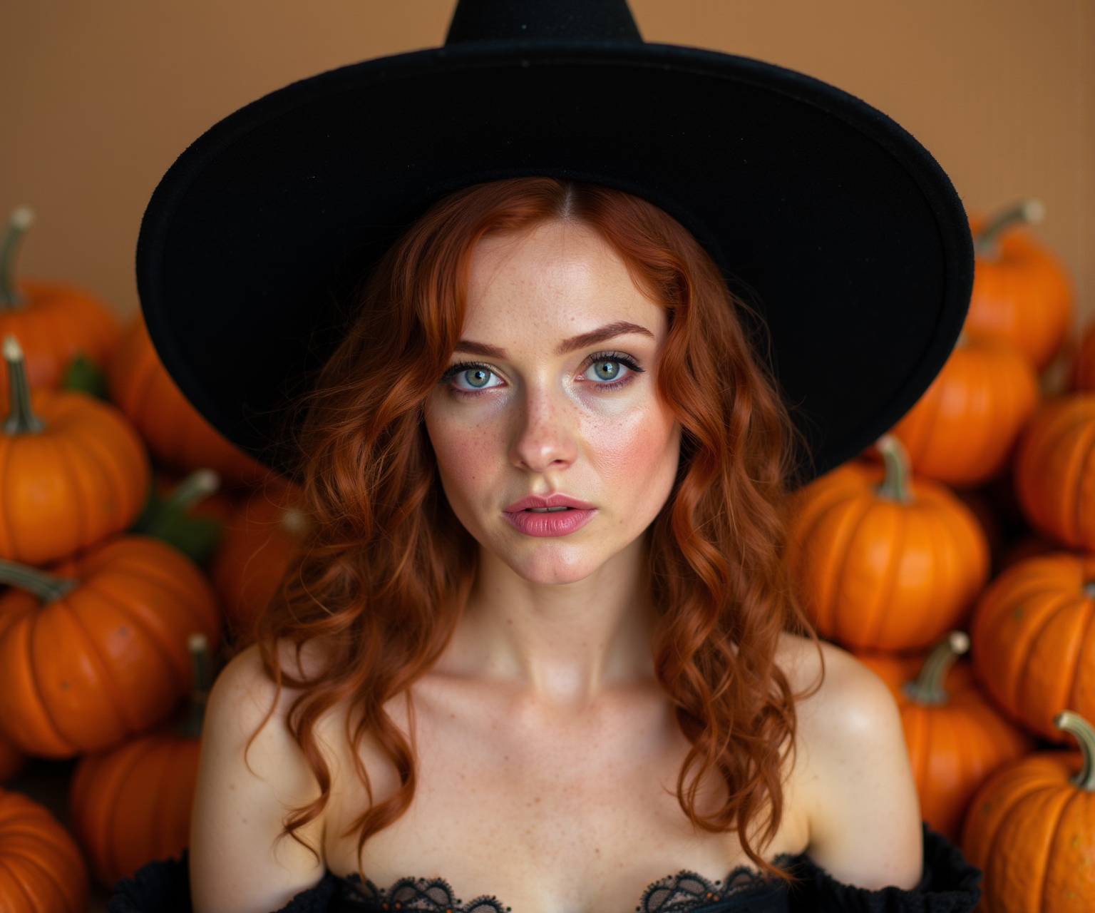 A captivating Halloween-themed portrait showcases a young woman with striking features against a backdrop of autumnal pumpkins. She wears an elegant witch's costume, complete with a large black pointed hat adorned with wispy strands. Her auburn hair cascades in loose curls from beneath the hat, framing her pale, freckled complexion. Vibrant blue eyes gaze directly at the viewer with an alluring intensity, while her full lips are painted a soft rose hue. The woman's slender shoulders are bare, with a black lace-trimmed garment visible. Surrounding her are numerous orange pumpkins of varying sizes, creating a festive harvest atmosphere. The lighting is soft and warm, casting a gentle glow on her skin and the pumpkins, enhancing the autumnal mood. The background is a muted beige, allowing the rich orange of the pumpkins and the deep black of her attire to stand out dramatically. The image has a shallow depth of field, keeping the focus on the subject while softly blurring the pumpkins in the foreground and background. The overall style is reminiscent of high-fashion photography, with meticulous attention to detail in the makeup, costume, and set design, creating a bewitching and sophisticated Halloween portrait.