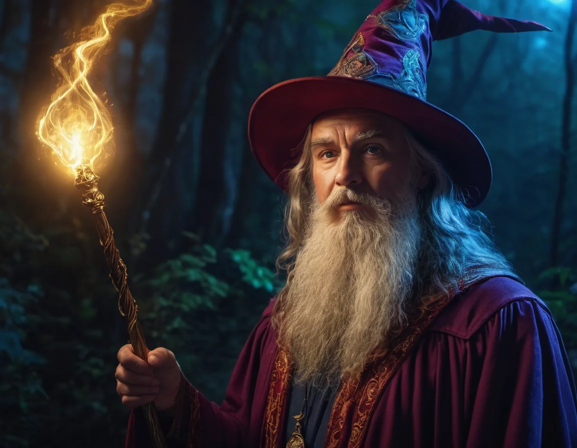 a wizard with a glowing staff and a glowing hat, colorful magic, dramatic atmosphere, sharp focus, highly detailed, cinematic, original composition, fine detail, intricate, elegant, creative, color spread, shiny, amazing, symmetry, illuminated, inspired, pretty, attractive, artistic, dynamic background, relaxed, professional, extremely inspirational, beautiful, determined, cute, adorable, best <lora:MJ52:0.7>