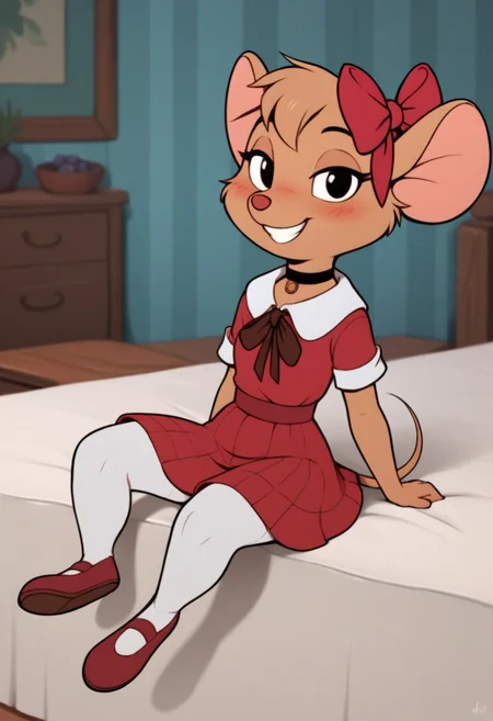 score_9, score_8_up, score_7_up, score_6_up, score_5_up, 1girl, solo, full body,
<lora:Olivia Flaversham (The Great Mouse Detective) (Pony):0.8>
Olivia_F, furry female, body fur, brown fur, animal nose, mouse ears, animal ears, (hair ribbon), short hair,
choker, grin, teeth,
(leggings), minidress, red dress,
seductive pose,
indoors, (detailed background), bedroom,
looking at viewer, coy smile, flirtatious look,
sultry expression, blush,