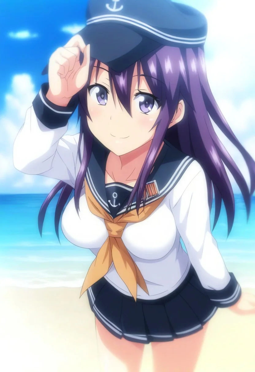 score_9,score_8_up,score_7_up,source_anime,anime, BREAK,
JoshiLuck_AnimeStyle,
(cute),1girl, akatsuki (kancolle), (medium breasts), purple hair, long hair, hair between eyes, purple eyes,
serafuku, black flat cap, black sailor collar, black mini skirt, long sleeves, neckerchief, sailor collar,
smile, cheerful,
any pose,
angle:random,
outdoors, shiny light, beach,
