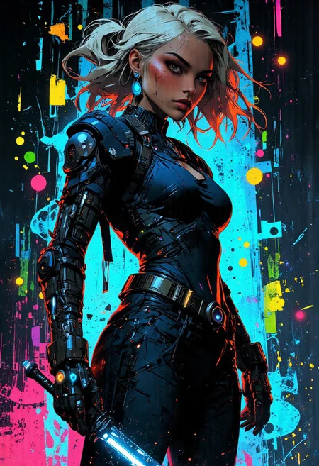 (*highly detailed, digital artwork, futuristic, cyberpunk, high-tech, dynamic composition*) A fierce female warrior with sun-kissed skin, silver shoulder-length hair, and piercing violet eyes. She wears a deep blue, form-fitting bodysuit with glowing cyan accents and intricate mechanical details, highlighting her curves, muscular thighs, and full, well-defined buttocks. Cyan circuit-like patterns pulse with energy.
She grips a sleek, glowing cyan energy katana in her right hand, its blade humming with power. Her right arm is encased in a black and silver mechanical gauntlet, while her left wears an advanced cybernetic glove, enhancing her strength and agility. Her confident pose, with one hip tilted, radiates dominance.
(*abstract, psychedelic, high contrast, fluid shapes*) The background swirls with neon energy, wrapping around her like a living force. A solid black base contrasts with liquid-like patterns in electrifying shades of blue, green, pink, yellow, and purple. The glossy, reflective surface shimmers as if reacting to her presence, enhancing the futuristic atmosphere.