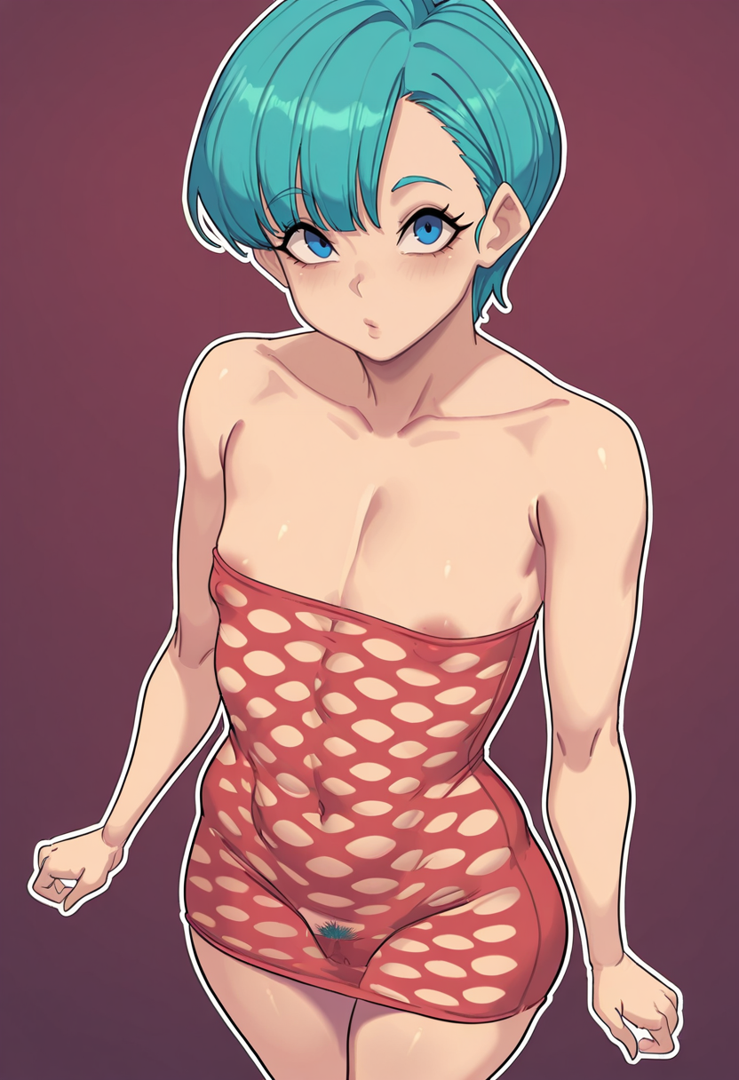 masterpiece, best quality, 
 <lora:metal_owl:1> m3t4l0wl3,
1girl, solo,
From above,
looking at viewer, 
bulma, short hair, blue hair, blue eyes, , flat chest,
 <lora:Strapless_Pothole_Tube_Dress_SKNSFW:1> Strapless_Pothole_Tube_Dress_SKNSFW, short dress, strapless dress, areola slip, female pubic hair, see-through clothes, covered nipples, , 
simple background, Magenta  background, outline,
