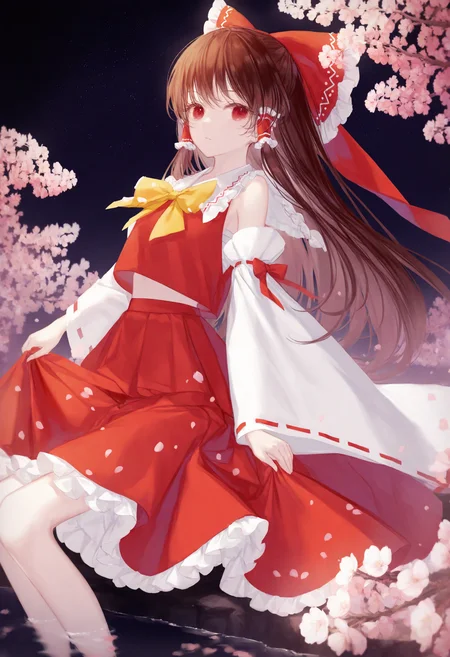 <lora:myc1_noob1.1-000189:1>,
1girl, bow, solo, hakurei reimu, long hair, hair tubes, detached sleeves, red bow, skirt, yellow bowtie, yellow bow, red skirt, brown hair, hair bow, frills, night, cherry blossoms, wide sleeves, red eyes, sidelocks, bowtie, looking at viewer, frilled bow, frilled hair tubes, closed mouth, water, night sky, skirt hold, red shirt, white sleeves, bare shoulders, shirt, sky, ribbon-trimmed sleeves, ribbon trim, red vest, long sleeves, outdoors, vest, expressionless, very long hair, pink flower, sitting, frilled skirt, star \(sky\),
masterpiece,best quality,newest,absurdres,highres,very awa,