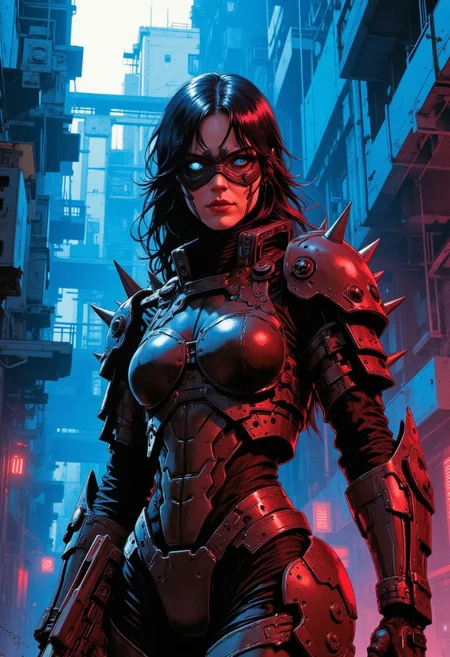 blue and red contrast lighting, dynamic viewpoint, dynamic angle, Woman wearing death themed powered armor with a faceless black and white visor, ribcage style cuirass, spiked pauldrons, holding a futuristic rifle, ((cyberpunk industrial complex background))