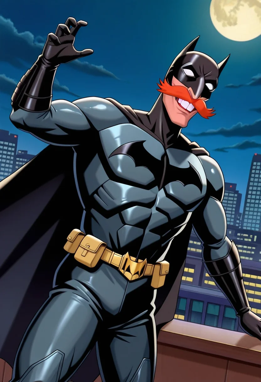 masterpiece, high quality, n1g3l, 1boy, male focus, solo, orange mustache, teeth, cowboy shot, batman, mask, roof, night, moon, cityscape, skyscrapers, dynamic pose, cape,