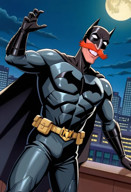 masterpiece, high quality, n1g3l, 1boy, male focus, solo, orange mustache, teeth, cowboy shot, batman, mask, roof, night, moon, cityscape, skyscrapers, dynamic pose, cape,