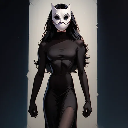 score_9, score_8_up, score_7_up, score_6_up, score_5_up, score_4_up, source_anime, (masterpiece), high quality, 4k, Artist style: Bruce Timm, DCAU, DC comics, Western Comics, masked_woman, m4skedw0m4n, BREAK, 1woman, Calendar_Girl, (Page Monroe), long hair, black hair, skintight clothing, long-sleeved dress, black dress, black tights, petite, (white mask), (mask:1.6), (monochromatic outfit), gloves, (black eyes:1.5), (no eyes:1.4)