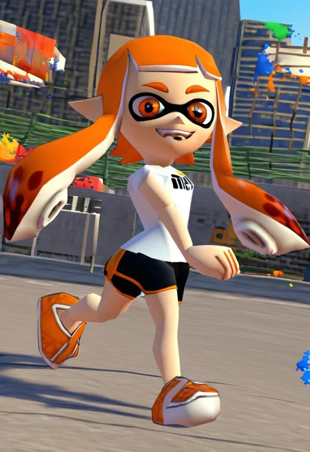 score_9, score_8_up, score_7_up, 1girl, solo, looking at viewer, happy, full body, running, inkling girl, splat shorts, splat shirt, splattershot (splatoon), orange hair, shortstack, outdoors, in city, paint splash, (n64zeldastyle,) 3d, polygonal<lora:EMS-445243-EMS:0.600000>, <lora:EMS-431159-EMS:1.000000>