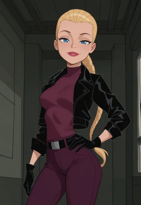 masterpiece, best quality, amazing quality, very aesthetic, absurdres, newest, 1girl, solo, indoors, looking at viewer, HuntsgirlS2, Human Female, Blue Eyes, Braided Ponytail, Low Ponytail, Long Ponytail, Blonde Ponytail, Blonde Hair, Hair Slicked Back, Lips, Red Lips, Blue Eyes, Braided Ponytail, Low Ponytail, Long Ponytail, Blonde Ponytail, Black Jacket, Purple Undershirt, Turtleneck, Black Gloves, Black Belt, Purple Pants, cowboy shot, hand on hip, seductive smile