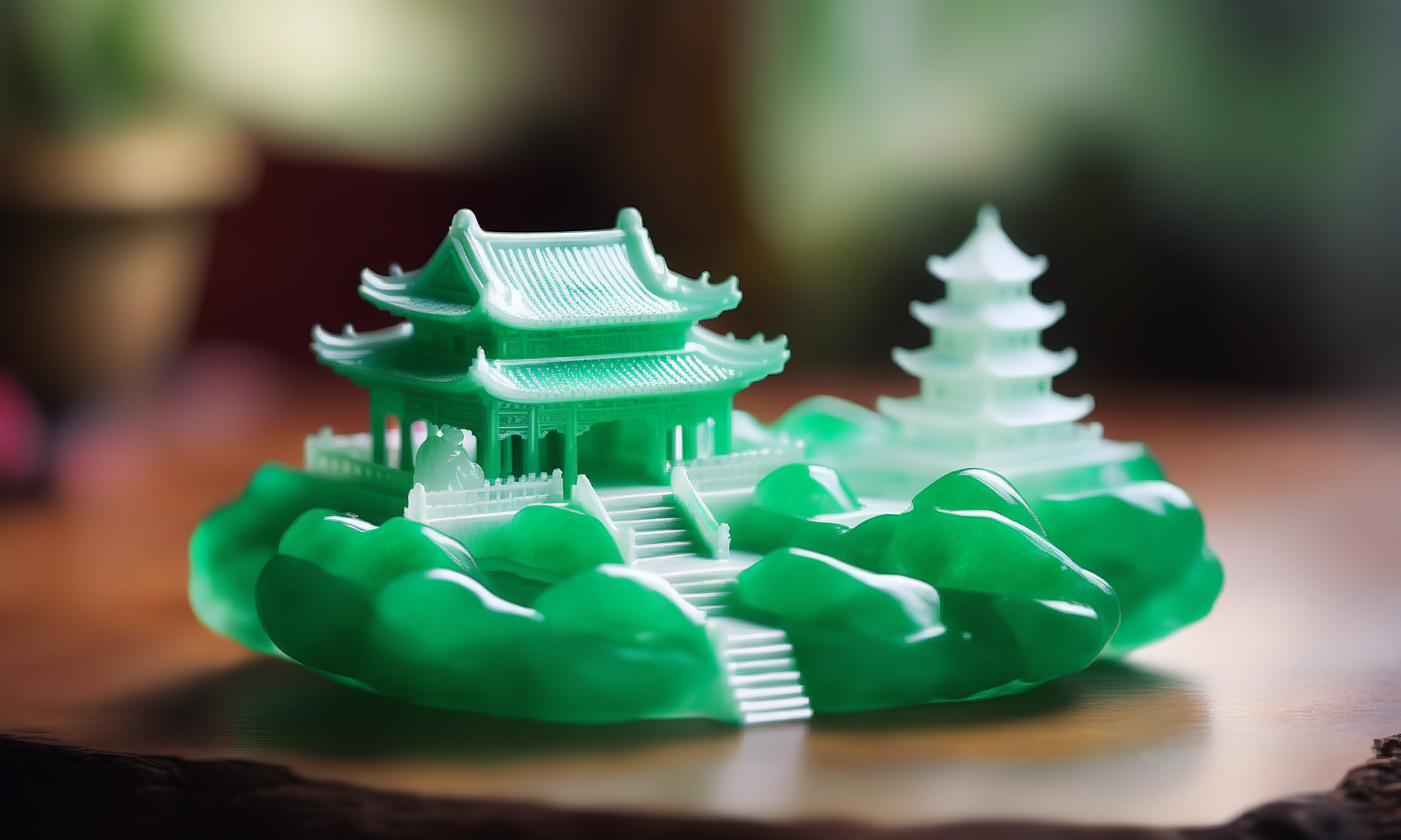ethereal fantasy concept art of  <lora:jadeitecarvingcd_xl-000006:0.6>,a (green jadeite, transparent) handmade sculpture toy of Chinese architecture is placed on the table,tilt-shift,miniature,jadeitecarvingcd_xl with green theme on table,miniature,tilt-shift,indoors,no humans,east asian architecture,cutie,cute,fine art,long-focus . magnificent, celestial, ethereal, painterly, epic, majestic, magical, fantasy art, cover art, dreamy