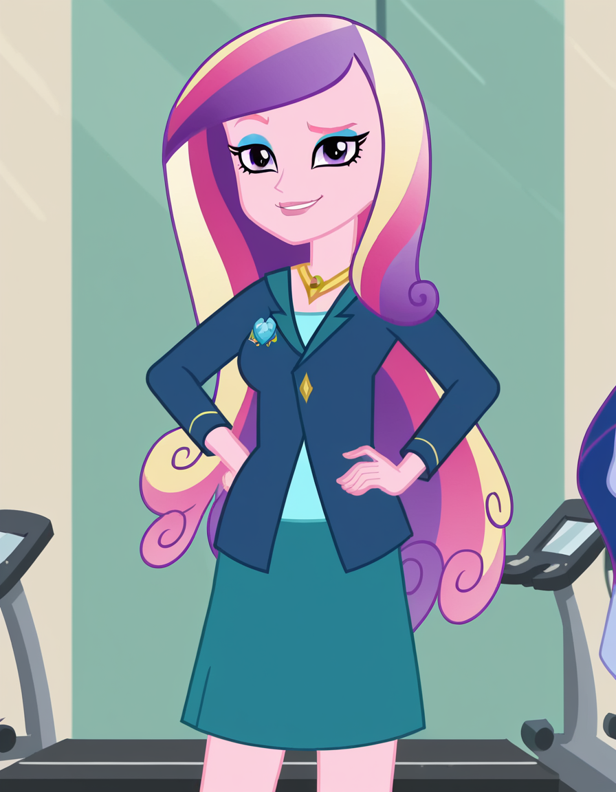 score_9, score_8_up, score_7_up, source_anime, <lora:dean-cadance-movie-ponyxl-lora-nochekaiser:1>, cadance, long hair, very long hair, purple eyes, pink hair, purple hair, multicolored hair, two-tone hair, eyelashes, makeup, eyeshadow, skirt, formal, suit,, gym, weights, treadmill, mirrors, exercise, smile, smug, hand on own hip,, looking at viewer, solo,, dutch angle, cowboy shot