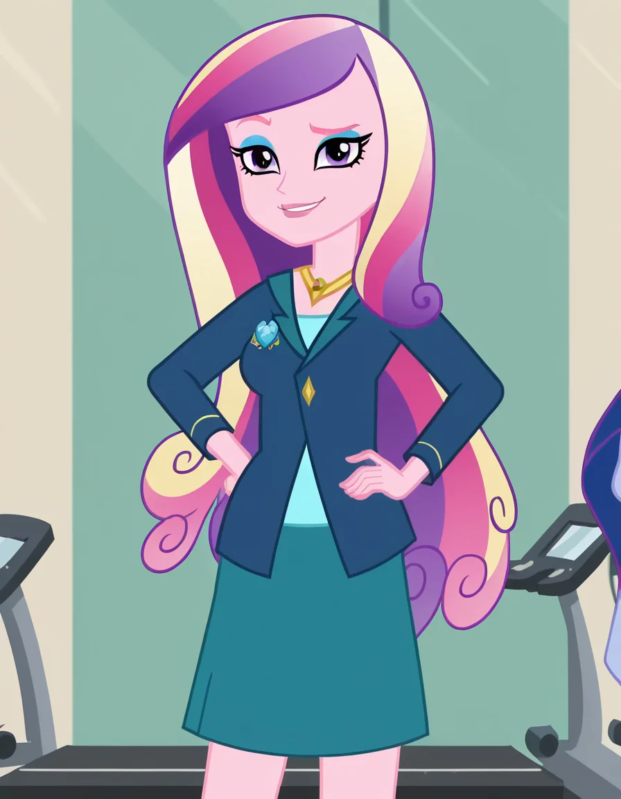 score_9, score_8_up, score_7_up, source_anime, <lora:dean-cadance-movie-ponyxl-lora-nochekaiser:1>, cadance, long hair, very long hair, purple eyes, pink hair, purple hair, multicolored hair, two-tone hair, eyelashes, makeup, eyeshadow, skirt, formal, suit,, gym, weights, treadmill, mirrors, exercise, smile, smug, hand on own hip,, looking at viewer, solo,, dutch angle, cowboy shot