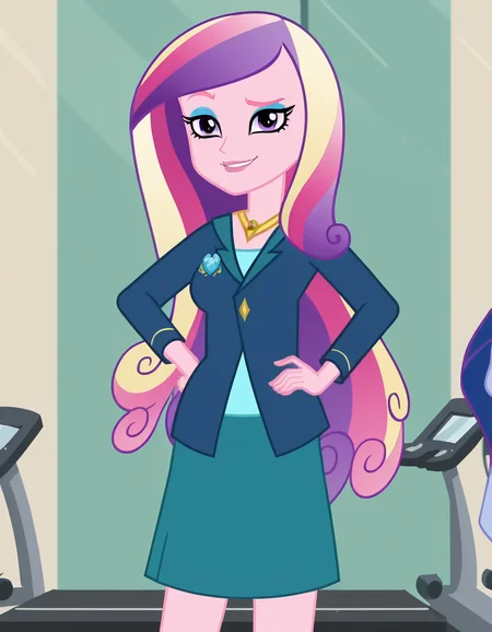 score_9, score_8_up, score_7_up, source_anime, <lora:dean-cadance-movie-ponyxl-lora-nochekaiser:1>, cadance, long hair, very long hair, purple eyes, pink hair, purple hair, multicolored hair, two-tone hair, eyelashes, makeup, eyeshadow, skirt, formal, suit,, gym, weights, treadmill, mirrors, exercise, smile, smug, hand on own hip,, looking at viewer, solo,, dutch angle, cowboy shot