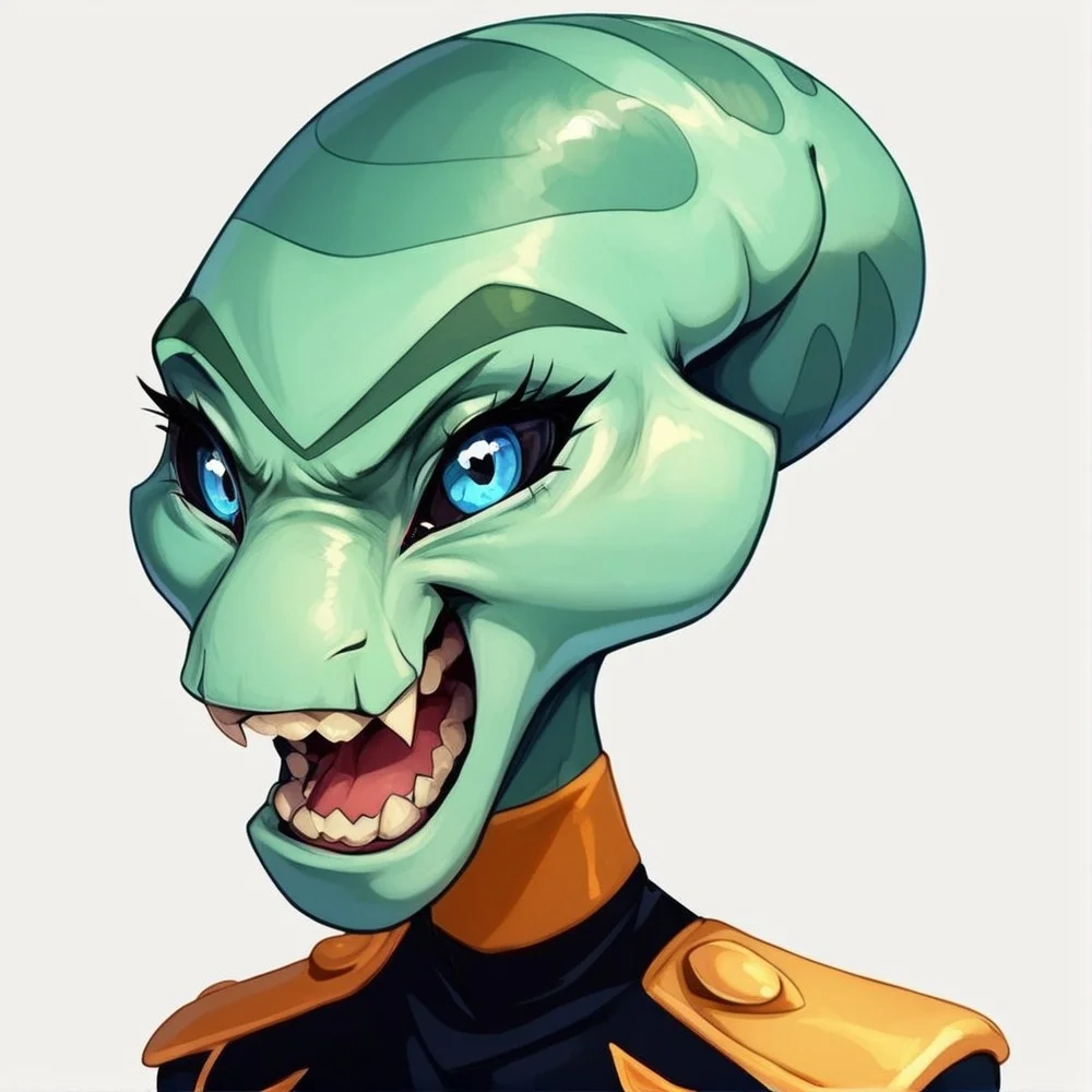 score_9, score_8_up, score_8,source_furry,
1girl,
solo,
furry female,
alien,
looking at viewer,
smile,
uniform,
black uniform,
gold trim,
green skin,
green body,
upper body,
open mouth,
bald,
standing,
teeth,
<blue eyes:1.5>,
<black sclera:1.5>,
<simple background:1.5>,
<white background:1.5>,
<lora:Grand_Councilwoman_Pony_SDXL:1> grand_councilwoman,
<lora:90s4n1m3XLP:1> 90s4n1m3, angry,
teeth,
clenched teeth,
pop vein,
