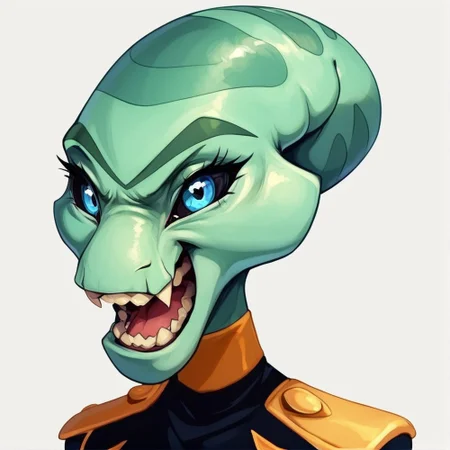 score_9, score_8_up, score_8,source_furry,
1girl,
solo,
furry female,
alien,
looking at viewer,
smile,
uniform,
black uniform,
gold trim,
green skin,
green body,
upper body,
open mouth,
bald,
standing,
teeth,
<blue eyes:1.5>,
<black sclera:1.5>,
<simple background:1.5>,
<white background:1.5>,
<lora:Grand_Councilwoman_Pony_SDXL:1> grand_councilwoman,
<lora:90s4n1m3XLP:1> 90s4n1m3, angry,
teeth,
clenched teeth,
pop vein,