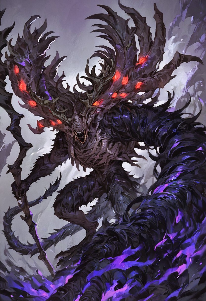(score_9, score_8_up, score_7_up, score_6_up, score_5_up, score_4_up), high quality,  Manus_Dark Souls, monster, demon, black fur, red eyes, glowing eyes, multiples eyes, horns, antlers, spikes, massive left arm, tail, staff, BREAK, dark background, purple mist, purple glow,