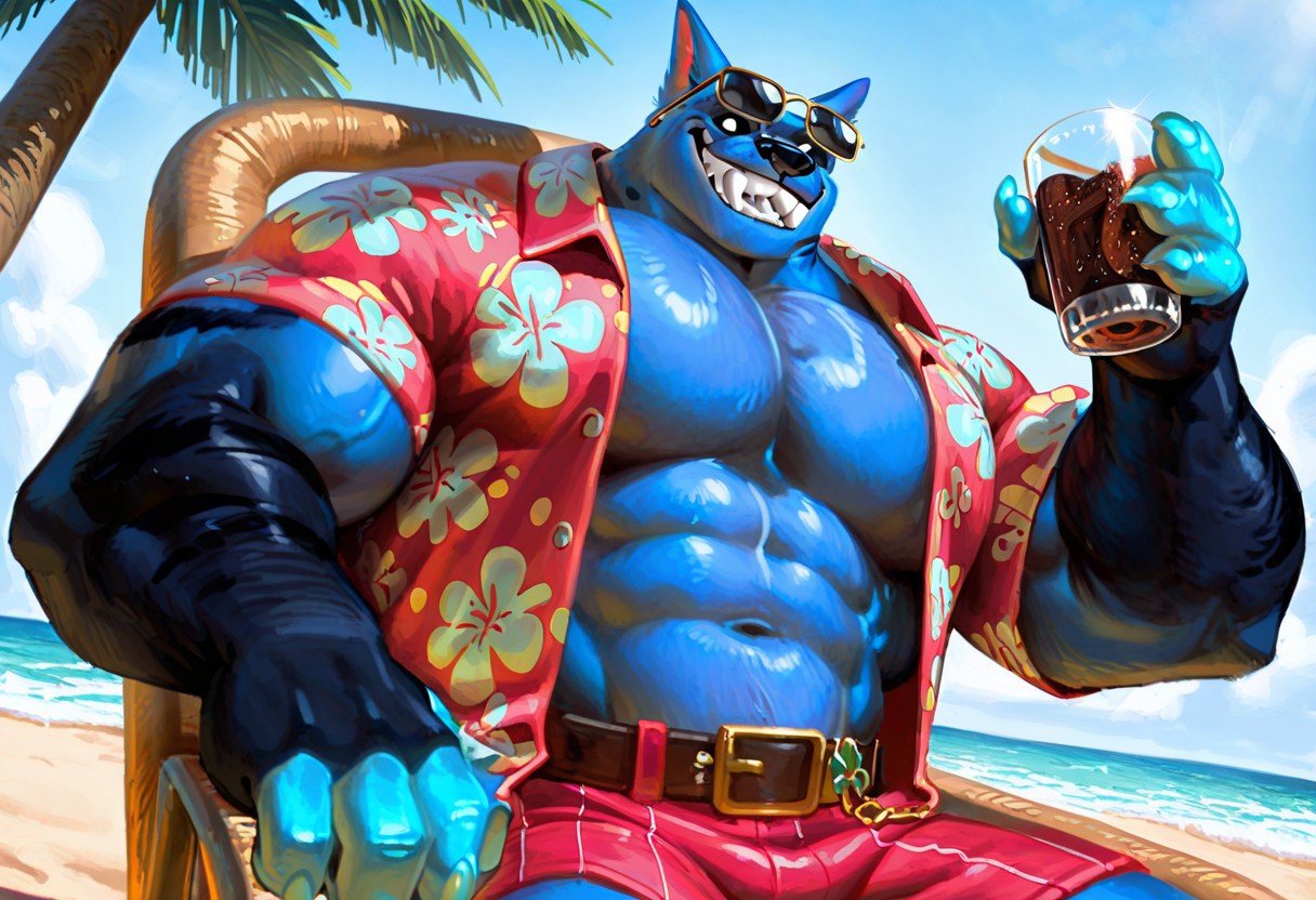 Ratcicle,blue fur,black blue forearms and tibia,light blue fingers,black strips,belt,black sclera,white eyes,muscular,huge fangs,claws smirk, upper body, huge muscles, broad shoulders, on beach, Sitting in chair, beach in background, palm trees, shadow of palm trees, sunglasses, raised sunglasses, holding glass of soda, open Hawaiian shirt, beach shorts,
dynamic angle, dynamic pose
BREAK best quality, amazing quality, very aesthetic, absurdres, newest, masterpiece 
ireading, purp1361rdm4n,2023, 2024,abstract background, spikysketches,  flat colors, no lineart