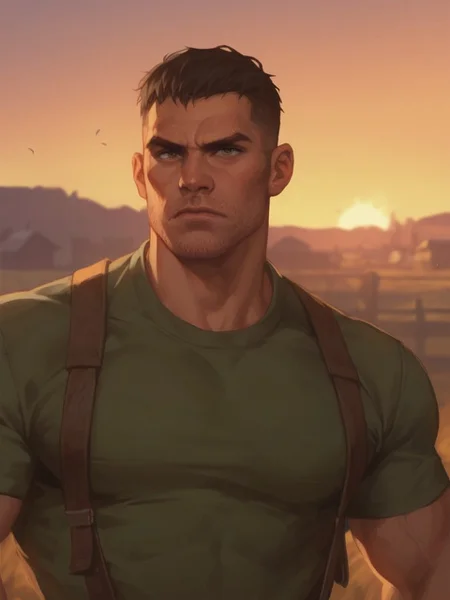Bara, wide face, masculine, score_9_up, score_8_up, score_7_up, score_6_up, serious mature cowboy on farm, sunset, buzz-cut hair, stubble, black hair, green shirt, suspenders, rugged face, broad jaw, bulky, strong, hulking, cowboy shot, rural background, golden hour, best_quality, masterpiece, 1man, solo, male focus, gritty, expressive, depthof field, dof, blurred background , gears of war



