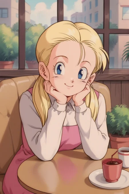 score_9, score_8_up, score_7_up, score_6_up, score_5_up, score_4_up, BREAK source_anime, 1girl, solo,
<lora:HarronXL-v1-07:0.7>, ChopioHarron, long hair, blue eyes, blonde hair, twintails, hair tie, hair over shoulders, looking at viewer,
retro artstyle,
outfit_1, pink dress, sleeveless dress, collared shirt, long sleeves,
cafe, window, potted plant, table, head rest,
sitting, smile,