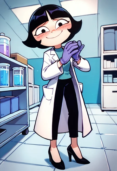 score_9, score_8_up, score_7_up BREAK LeeLeeDL, 1girl, black hair, bob cut, blunt bangs, black eyes, white lab coat, purple medical gloves, black pants, black heeled shoes, blushing, nervous smile at viewer, blue laboratory indoors, blue laboratory background,