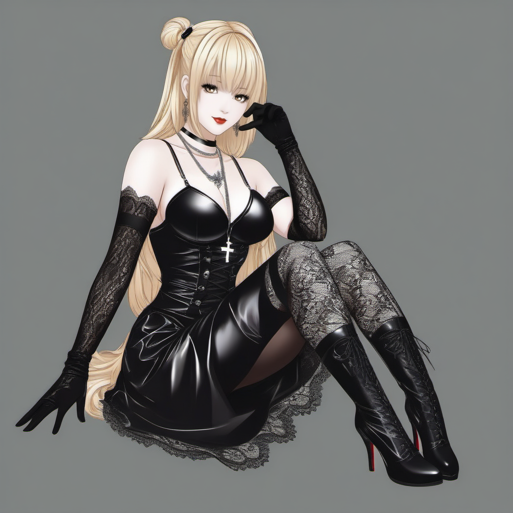 line art drawing Misa1024, a full body blond woman dressed in black laces, lace gloves, stocking, cross necklace,  in japan <lora:Misa1024:0.8> . professional, sleek, modern, minimalist, graphic, line art, vector graphics