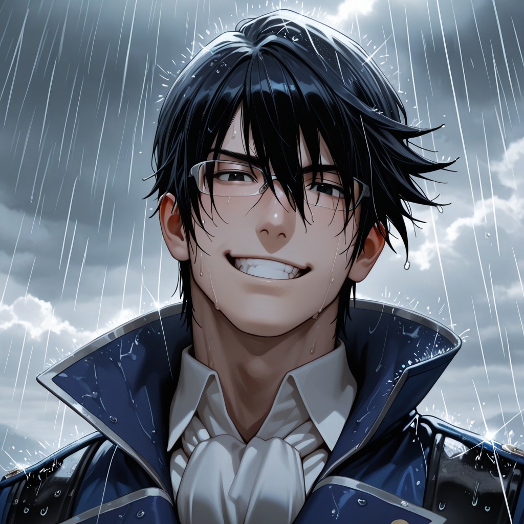 masterpiece, best quality, amazing quality, absurdres, newest, detailed background, definition so sharp, Ultra-HD, 8K cinematic, very awa, impressionate, amazing quality, highres, 
solo, male focus, manly, mature male, bara, cloud, grey, rain, 
reishimunakata, reishi_black hair, reishi_black eyes, 1boy, short hair, glasses, blue coat, white collared shirt, ascot,
smirk, excited, grin, charming, sparkle, looking at viewer,