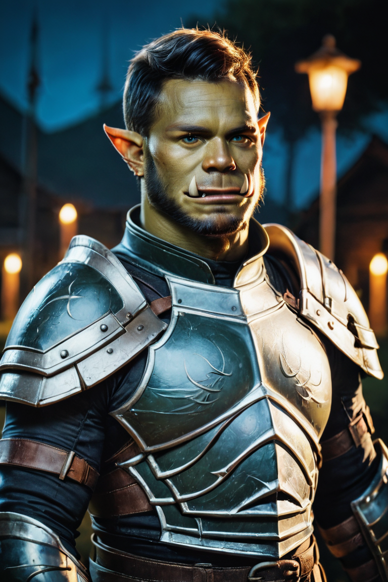 score_9, score_8_up, score_7_up, rating_safe, realistic, 1boy, solo, male focus, mature male, orc, green skin, tusks, blue eyes, short hair, black hair, facial hair, beard, mustache, looking at viewer, armor, shoulder armor, breastplate, pauldrons, upper body, closed mouth, standing, outdoors, night, night sky, dark background <lora:Photo Style LoRA XL:1>
